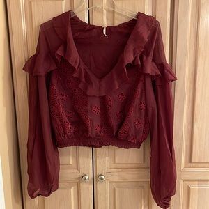 Free People wine colored chiffon ruffle sleeve top